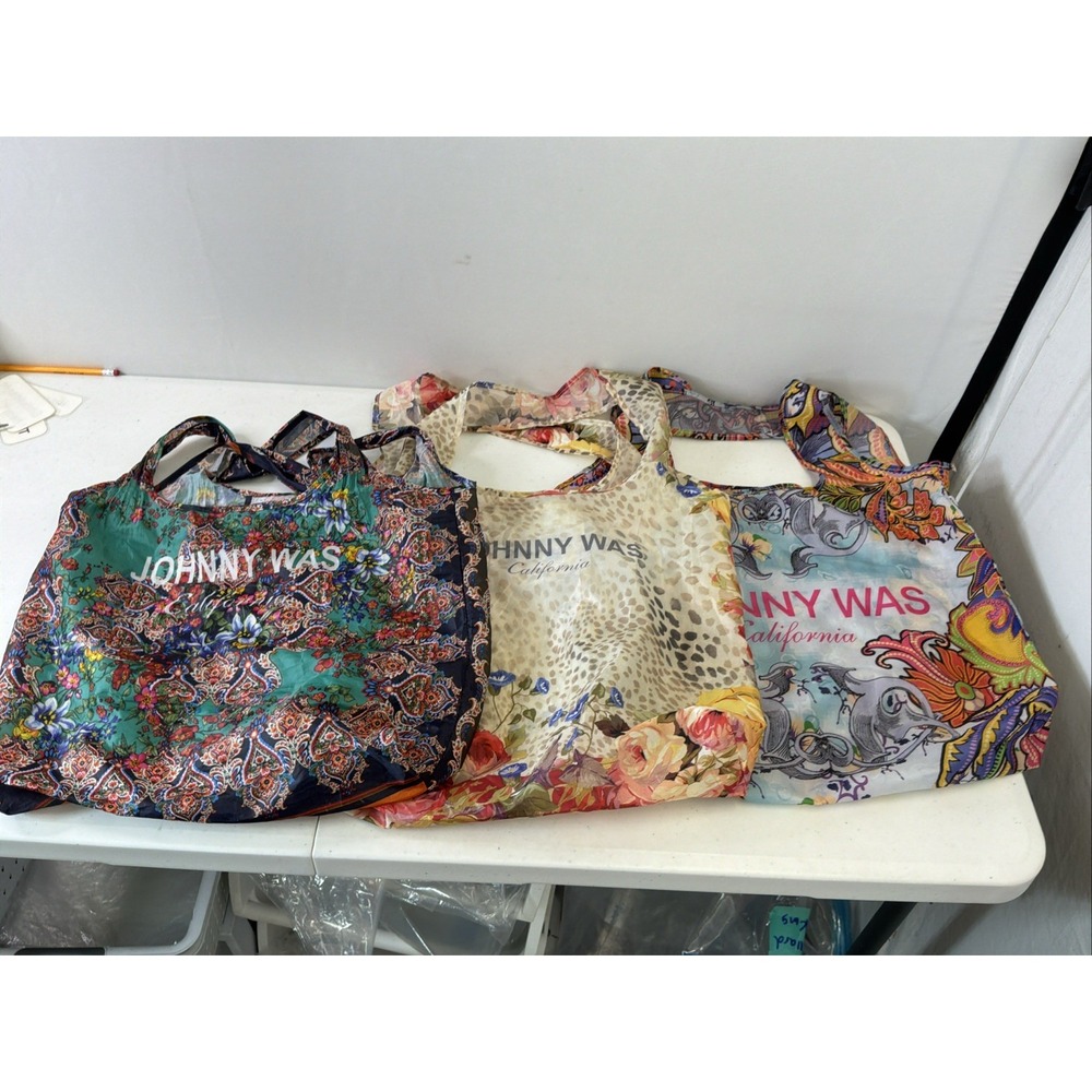Lot of 3 Johnny Was California Reusable Foldable Nylon Shopping Tote Bag Floral